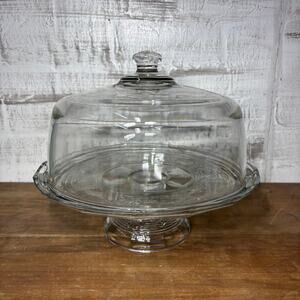 Vintage Anchor Hocking Avalon Footed 2pc Glass Cake Stand W/ Glass Dome
